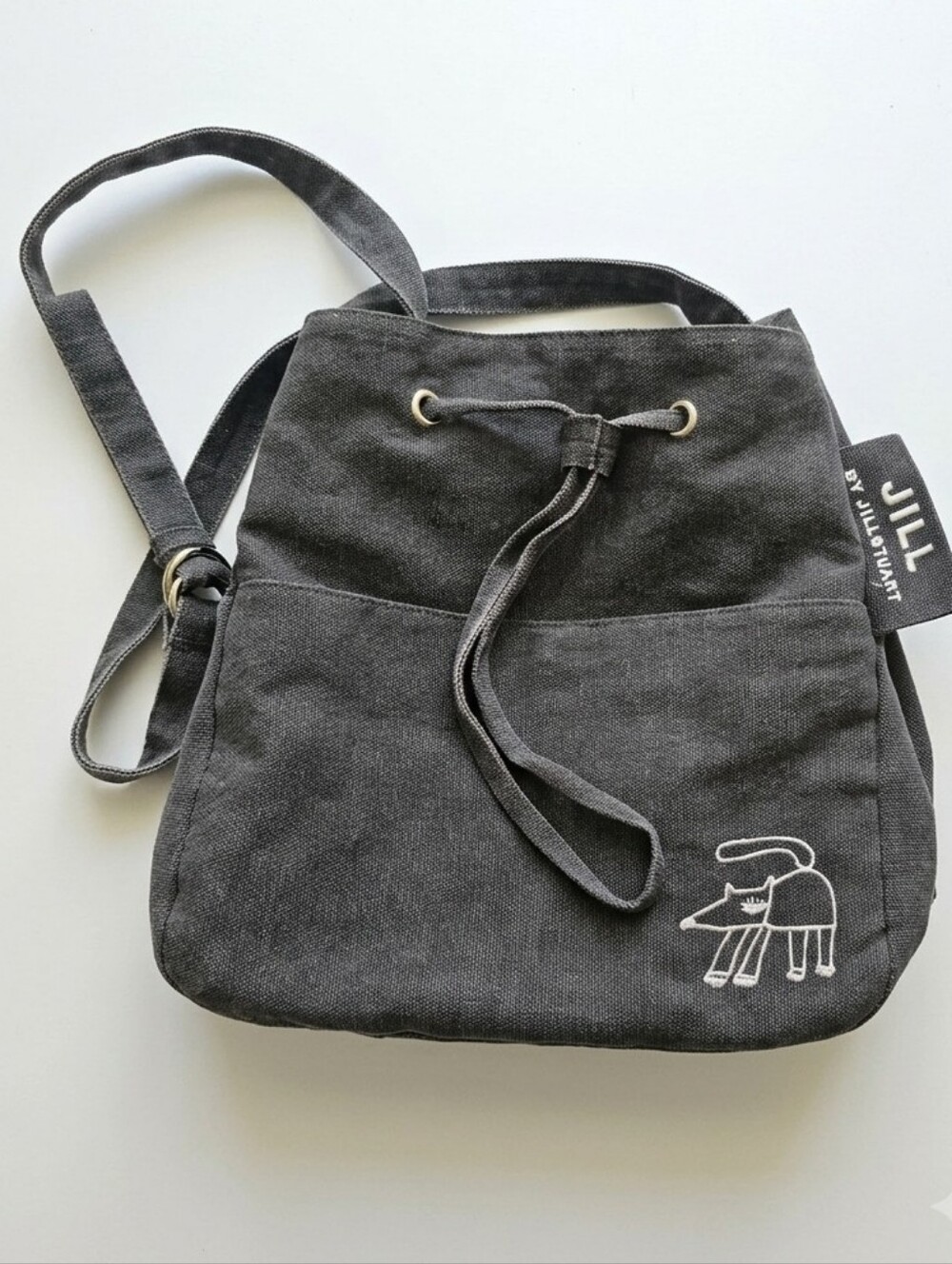 Jill Stuart Black Canvas Drawstring Crossbody with Cat Embroidery